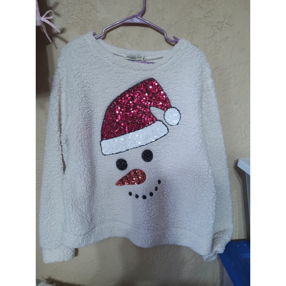 Chance or Fate Womens XL Cream Sherpa Fleece Sequin Snowman Christmas Sweatshirt